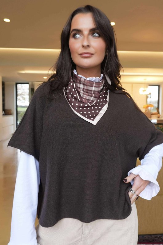 Plaid & Polka Border Triangle Silk Neckerchief Brown